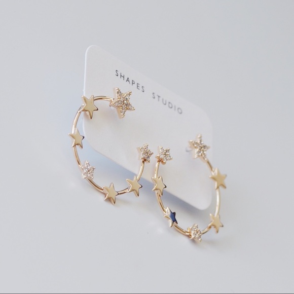 Gold Stars Hoop Earrings Silver Posts - Picture 3 of 4